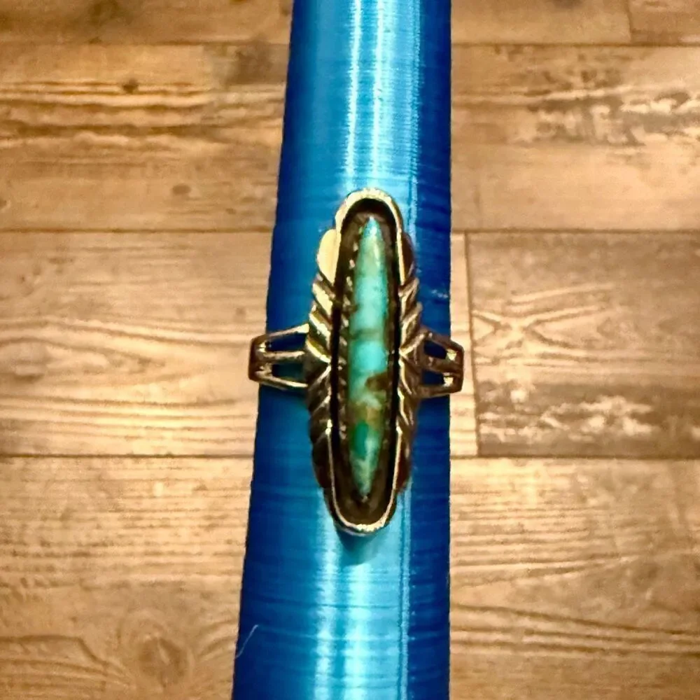 Sterling Silver Turquoise Statement Ring – Feather Design, Southwestern Size 7